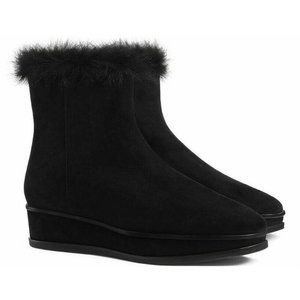 TORY BURCH Marcel Wedge BOOTS Booties Size 7 Shearling Fur Suede Black NEW